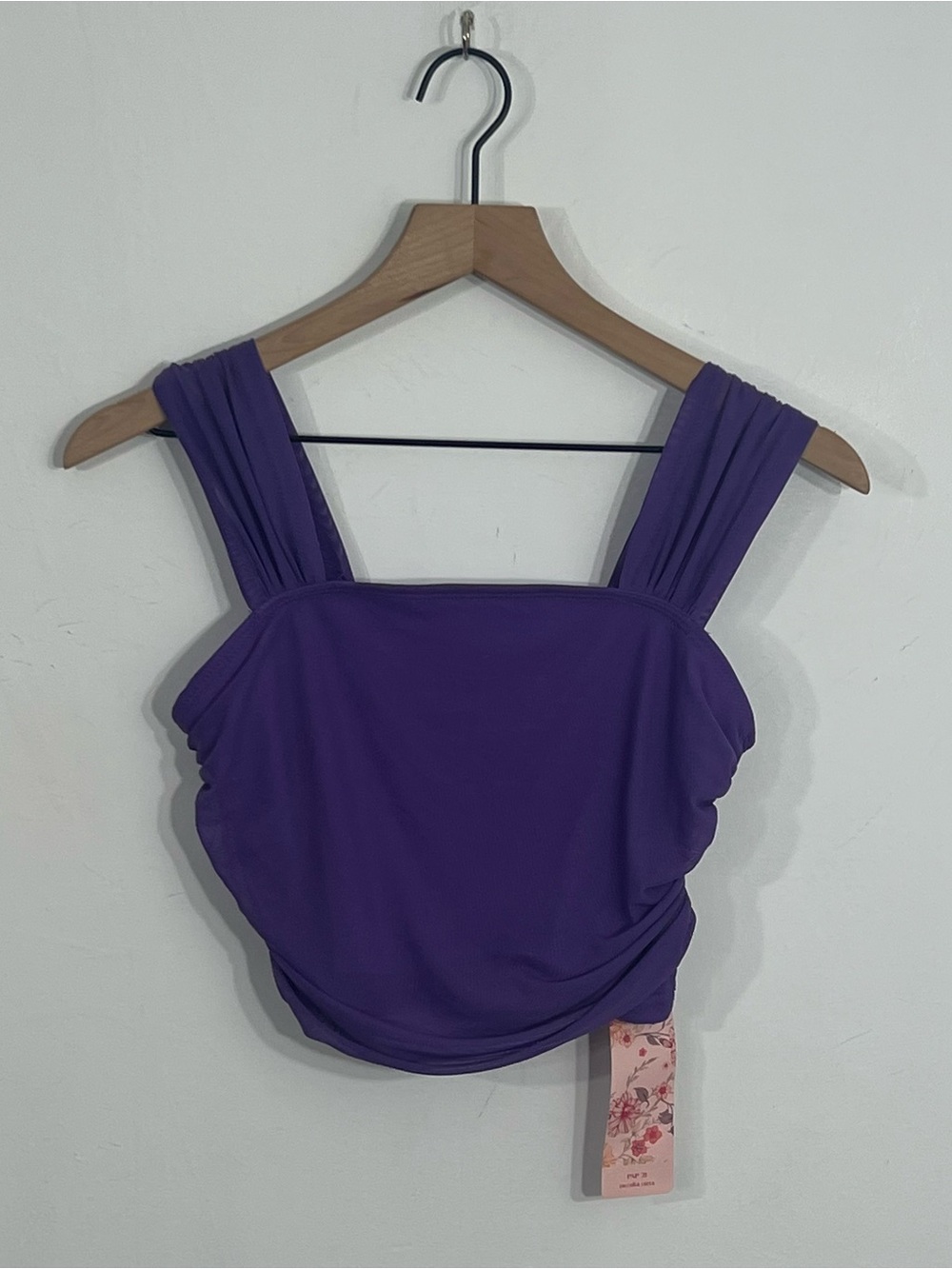Shein Mod Size Small New Purple Mesh Square Neck Wide Strap Ruched Crop Top